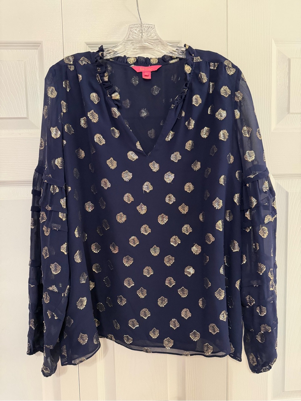 Lilly Pulitzer Navy Metallic Dot V-Neck Blouse